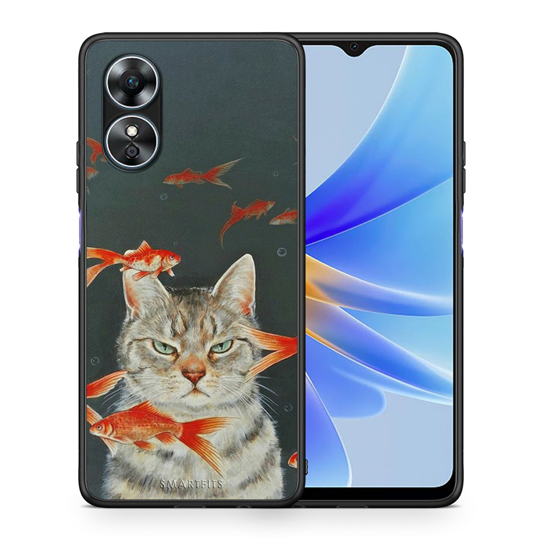 Θήκη Oppo A17 Cat Goldfish από τη Smartfits με σχέδιο στο πίσω μέρος και μαύρο περίβλημα | Oppo A17 Cat Goldfish Case with Colorful Back and Black Bezels