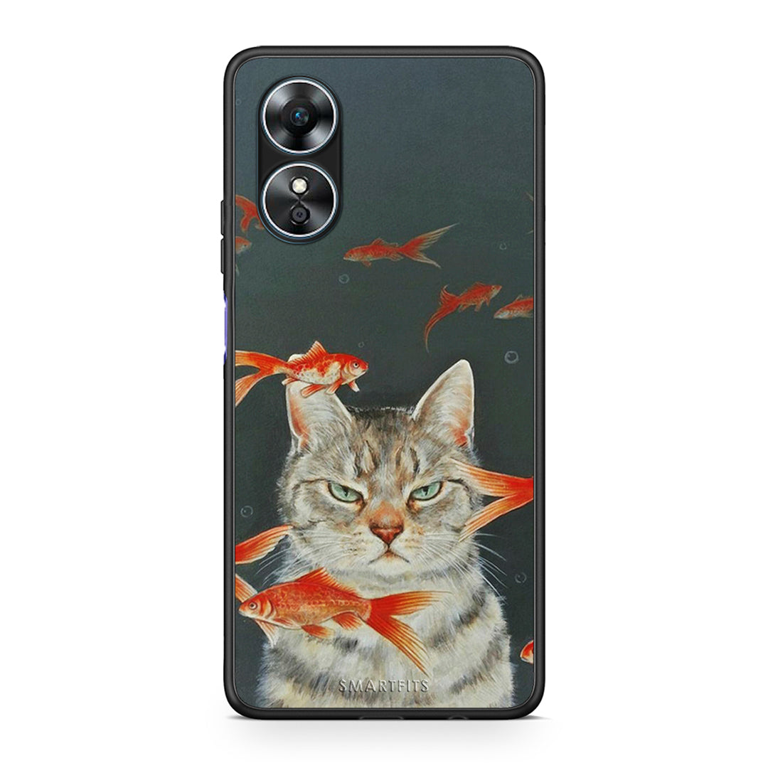 Θήκη Oppo A17 Cat Goldfish από τη Smartfits με σχέδιο στο πίσω μέρος και μαύρο περίβλημα | Oppo A17 Cat Goldfish Case with Colorful Back and Black Bezels