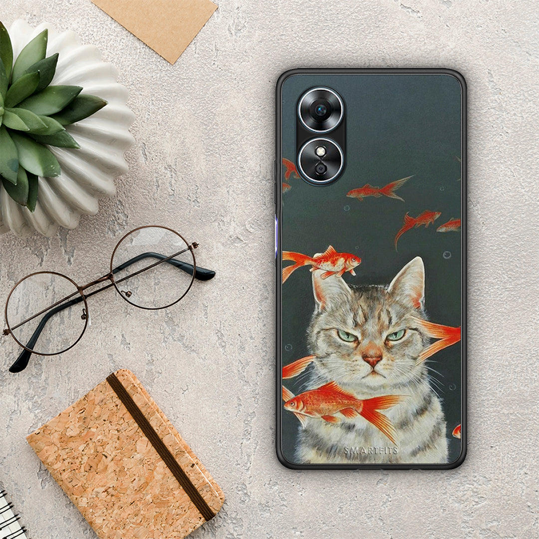 Θήκη Oppo A17 Cat Goldfish από τη Smartfits με σχέδιο στο πίσω μέρος και μαύρο περίβλημα | Oppo A17 Cat Goldfish Case with Colorful Back and Black Bezels