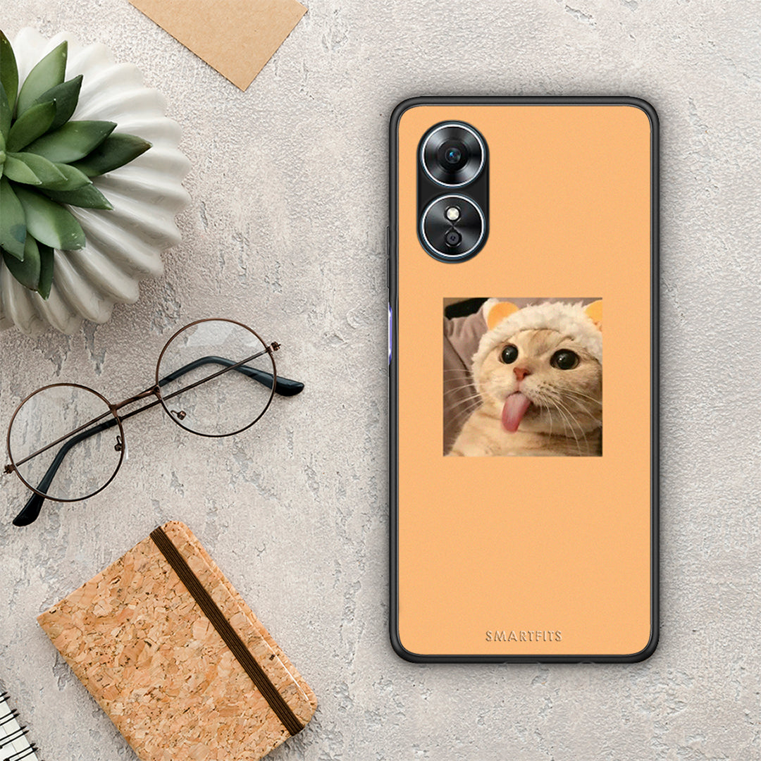 Θήκη Oppo A17 Cat Tongue από τη Smartfits με σχέδιο στο πίσω μέρος και μαύρο περίβλημα | Oppo A17 Cat Tongue Case with Colorful Back and Black Bezels