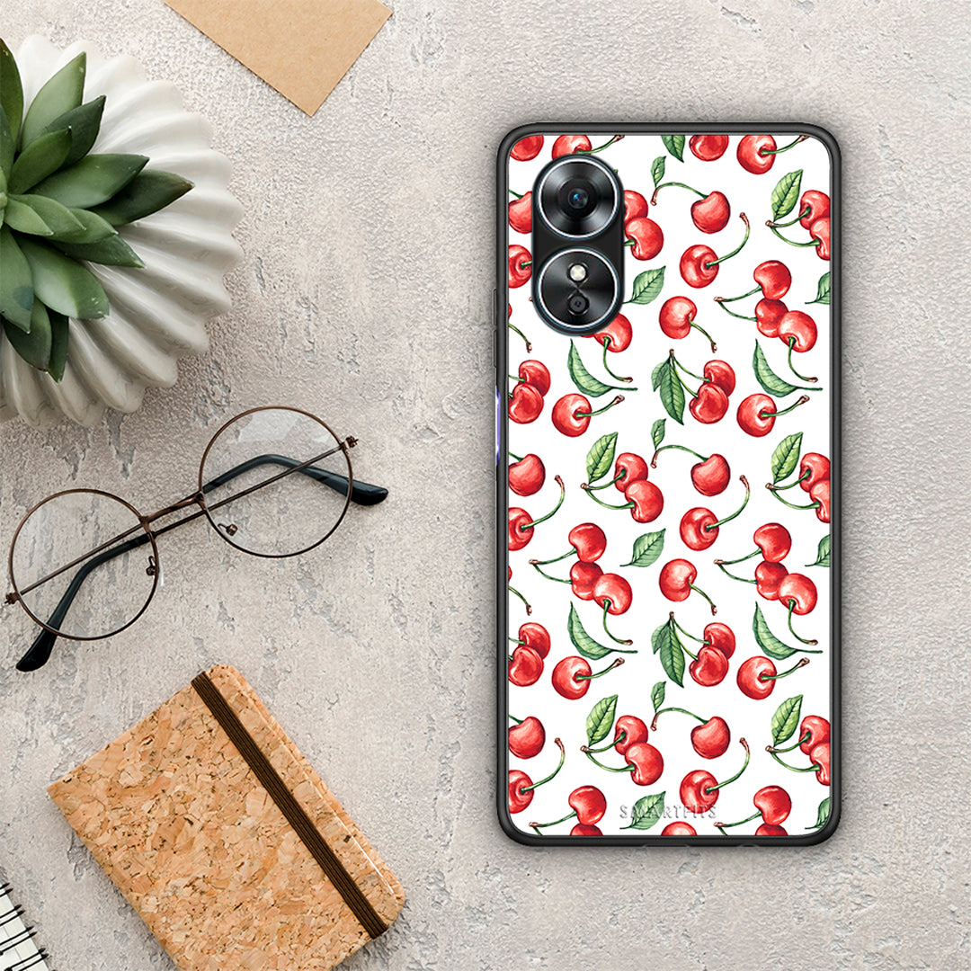 Θήκη Oppo A17 Cherry Summer από τη Smartfits με σχέδιο στο πίσω μέρος και μαύρο περίβλημα | Oppo A17 Cherry Summer Case with Colorful Back and Black Bezels