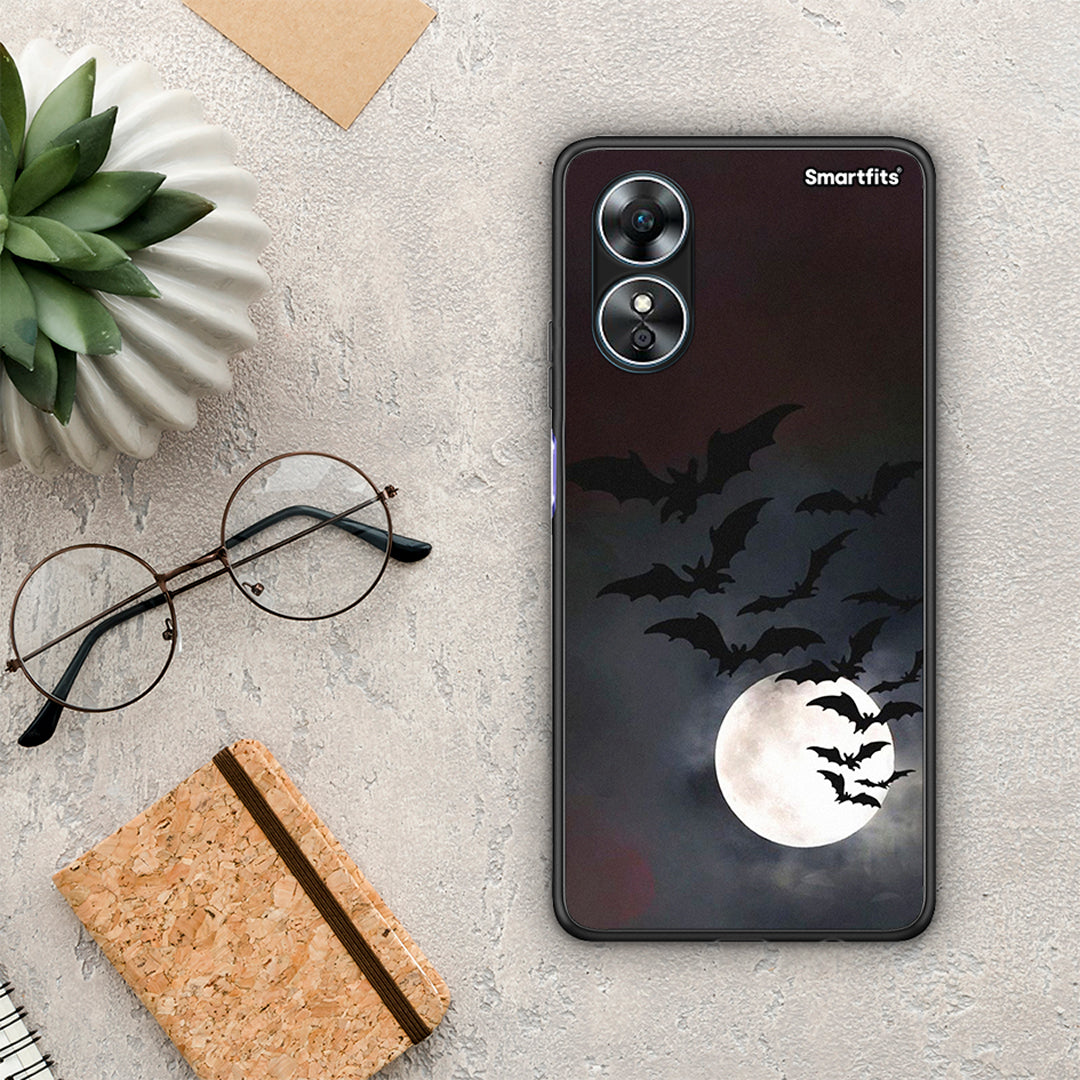 Θήκη Oppo A17 Halloween Bat Night από τη Smartfits με σχέδιο στο πίσω μέρος και μαύρο περίβλημα | Oppo A17 Halloween Bat Night Case with Colorful Back and Black Bezels