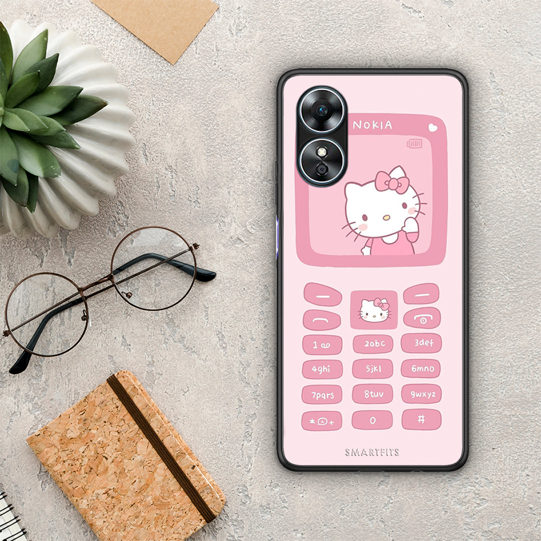 Θήκη Oppo A17 Hello Kitten από τη Smartfits με σχέδιο στο πίσω μέρος και μαύρο περίβλημα | Oppo A17 Hello Kitten Case with Colorful Back and Black Bezels