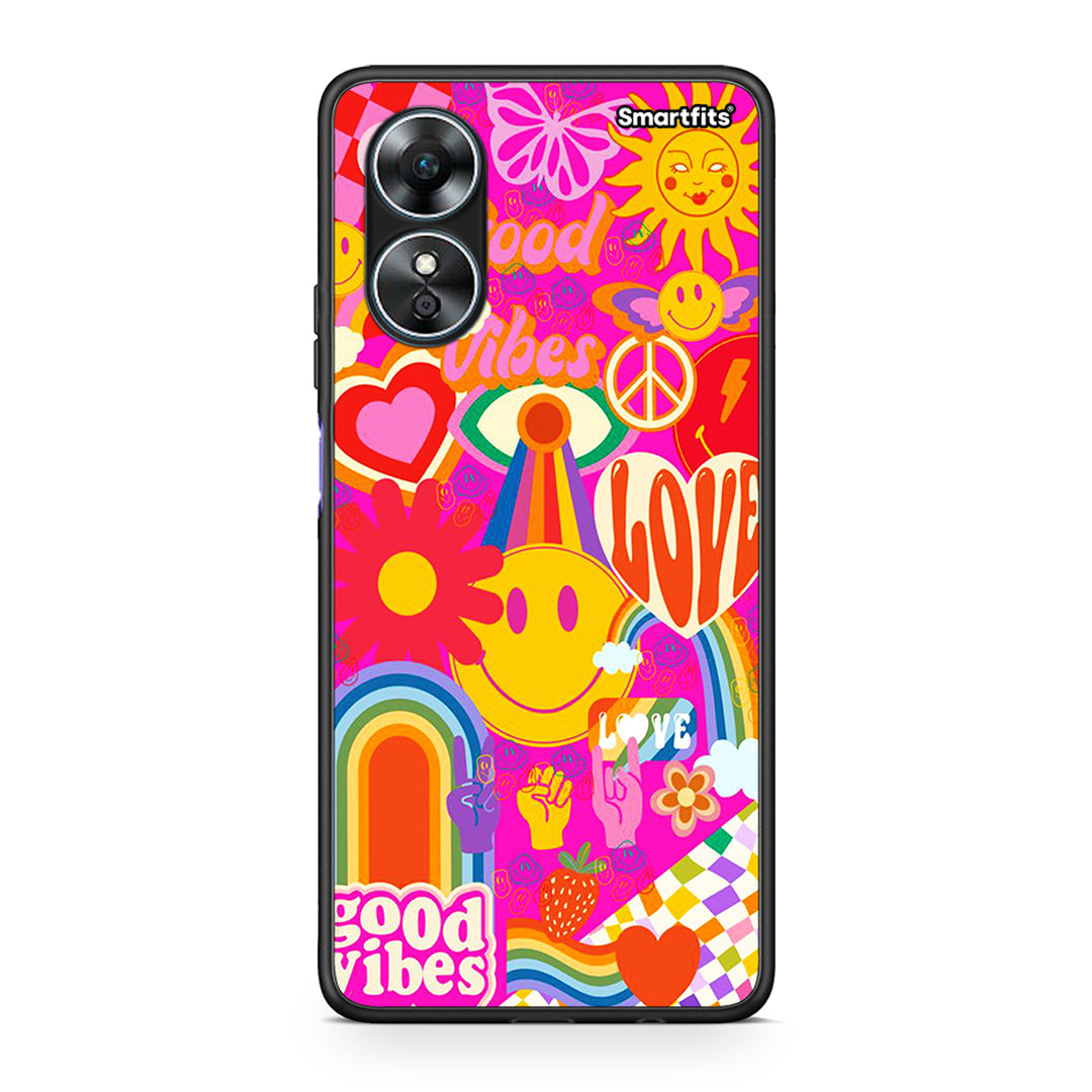 Θήκη Oppo A17 Hippie Love από τη Smartfits με σχέδιο στο πίσω μέρος και μαύρο περίβλημα | Oppo A17 Hippie Love Case with Colorful Back and Black Bezels