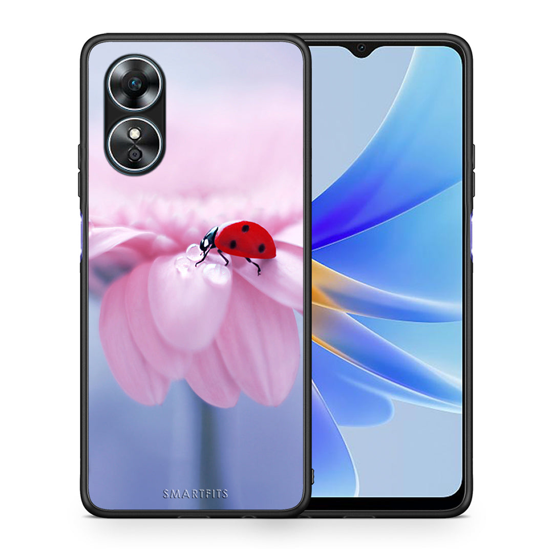 Θήκη Oppo A17 Ladybug Flower από τη Smartfits με σχέδιο στο πίσω μέρος και μαύρο περίβλημα | Oppo A17 Ladybug Flower Case with Colorful Back and Black Bezels