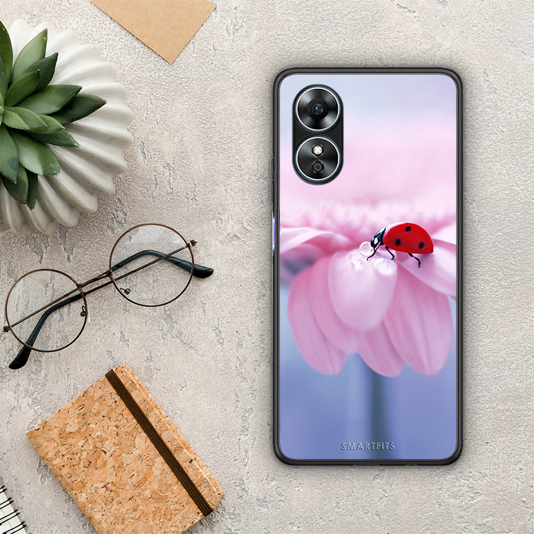 Θήκη Oppo A17 Ladybug Flower από τη Smartfits με σχέδιο στο πίσω μέρος και μαύρο περίβλημα | Oppo A17 Ladybug Flower Case with Colorful Back and Black Bezels