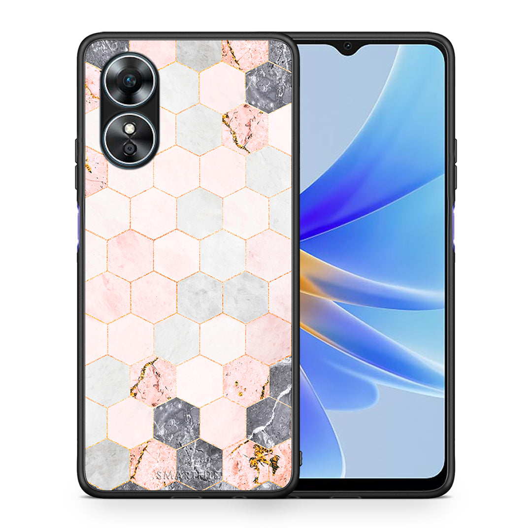 Θήκη Oppo A17 Marble Hexagon Pink από τη Smartfits με σχέδιο στο πίσω μέρος και μαύρο περίβλημα | Oppo A17 Marble Hexagon Pink Case with Colorful Back and Black Bezels