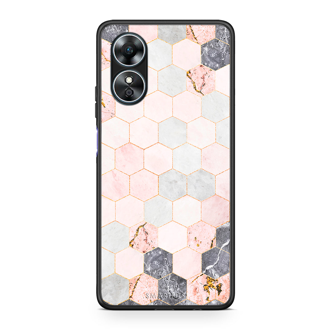 Θήκη Oppo A17 Marble Hexagon Pink από τη Smartfits με σχέδιο στο πίσω μέρος και μαύρο περίβλημα | Oppo A17 Marble Hexagon Pink Case with Colorful Back and Black Bezels