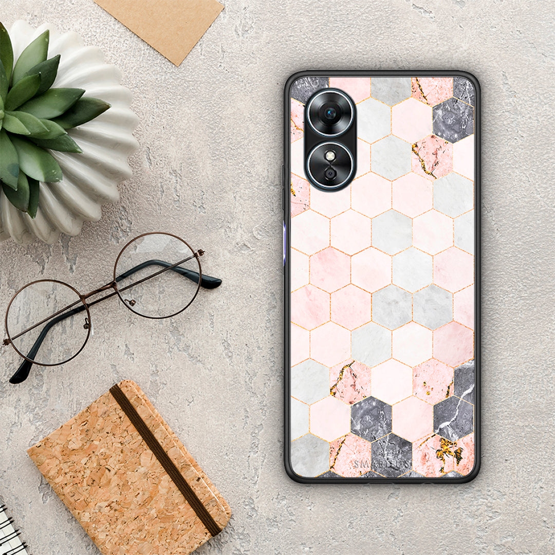 Θήκη Oppo A17 Marble Hexagon Pink από τη Smartfits με σχέδιο στο πίσω μέρος και μαύρο περίβλημα | Oppo A17 Marble Hexagon Pink Case with Colorful Back and Black Bezels