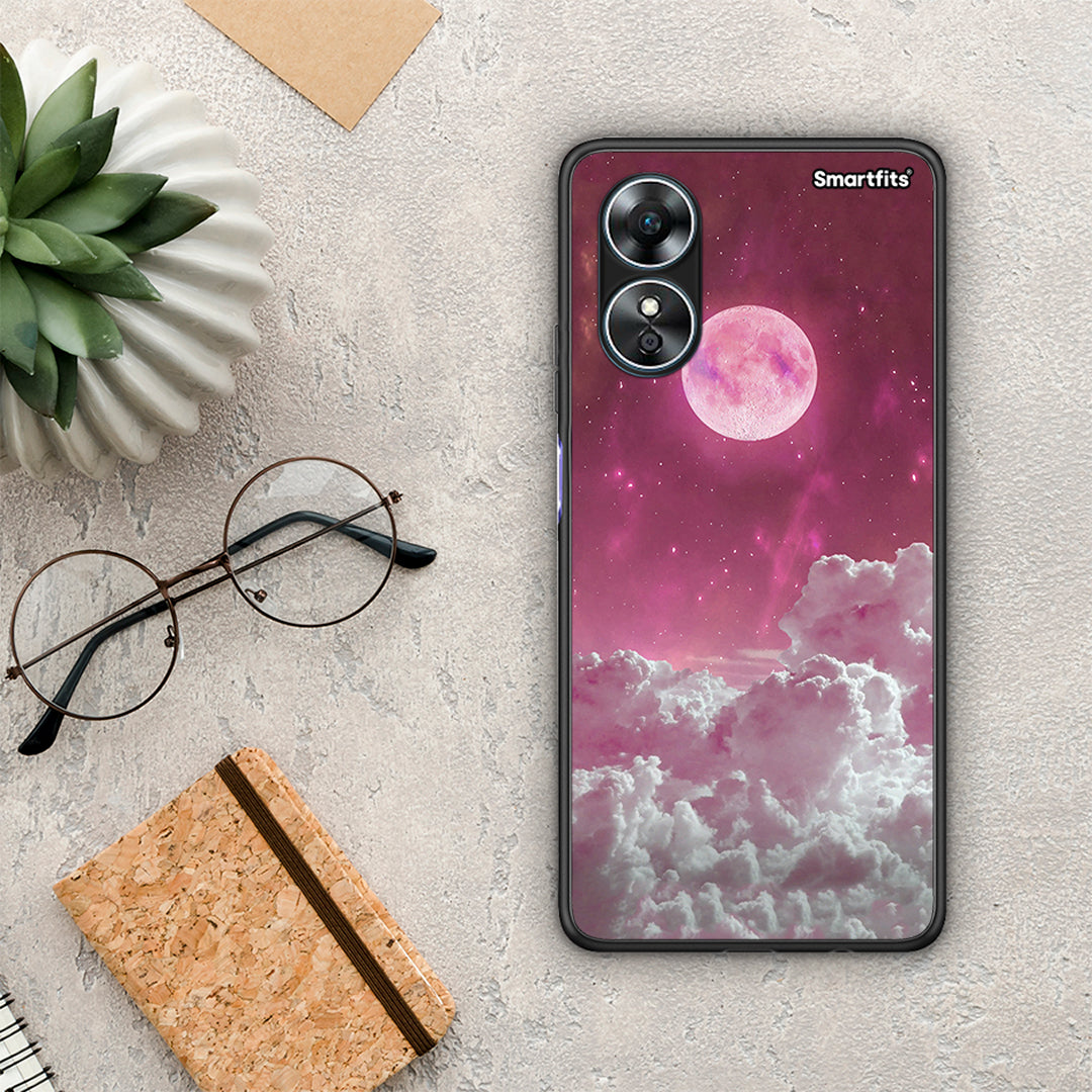 Θήκη Oppo A17 Pink Moon από τη Smartfits με σχέδιο στο πίσω μέρος και μαύρο περίβλημα | Oppo A17 Pink Moon Case with Colorful Back and Black Bezels