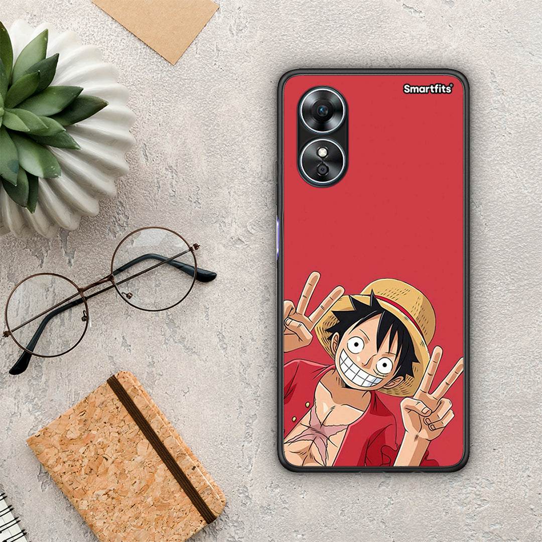 Θήκη Oppo A17 Pirate Luffy από τη Smartfits με σχέδιο στο πίσω μέρος και μαύρο περίβλημα | Oppo A17 Pirate Luffy Case with Colorful Back and Black Bezels