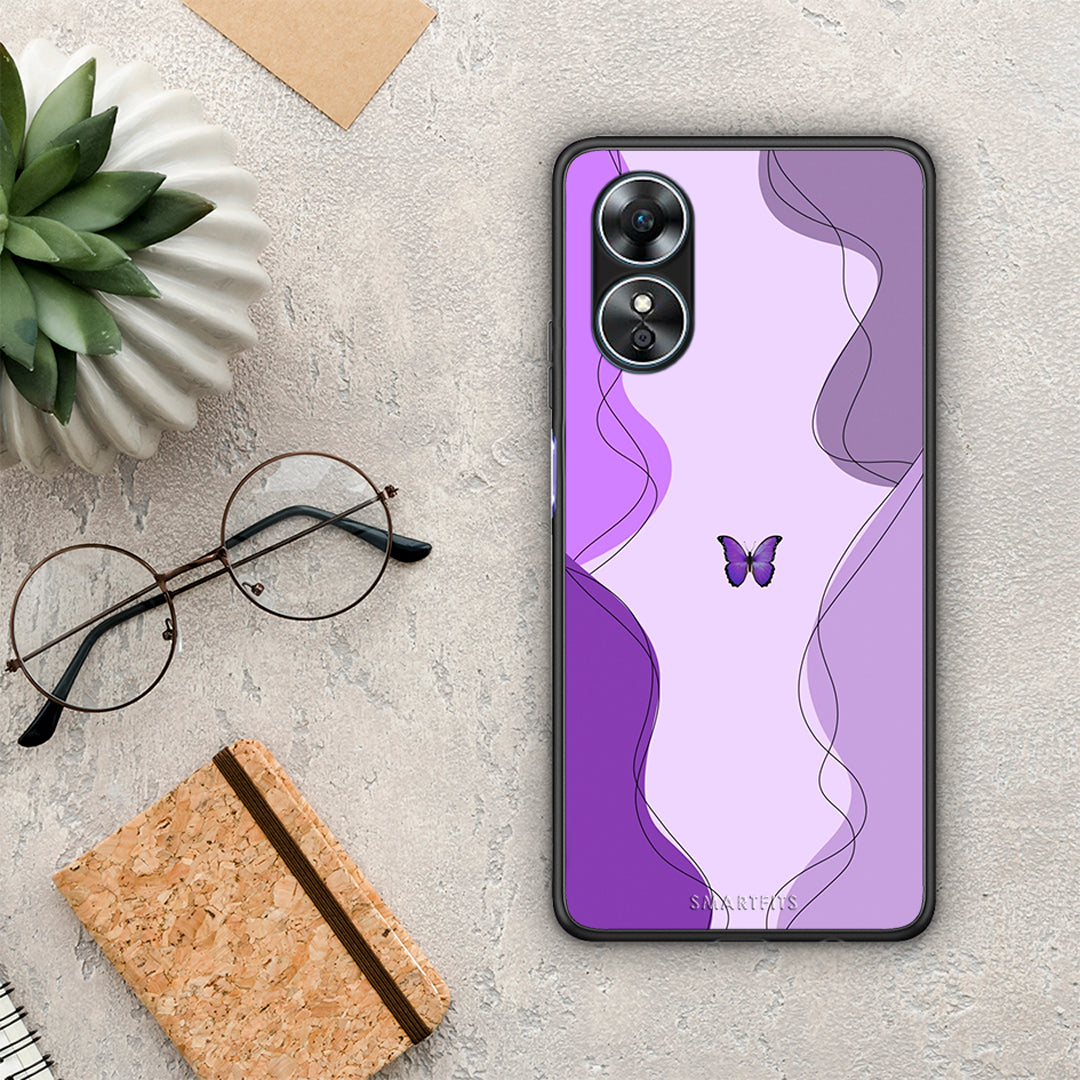 Θήκη Oppo A17 Purple Mariposa από τη Smartfits με σχέδιο στο πίσω μέρος και μαύρο περίβλημα | Oppo A17 Purple Mariposa Case with Colorful Back and Black Bezels