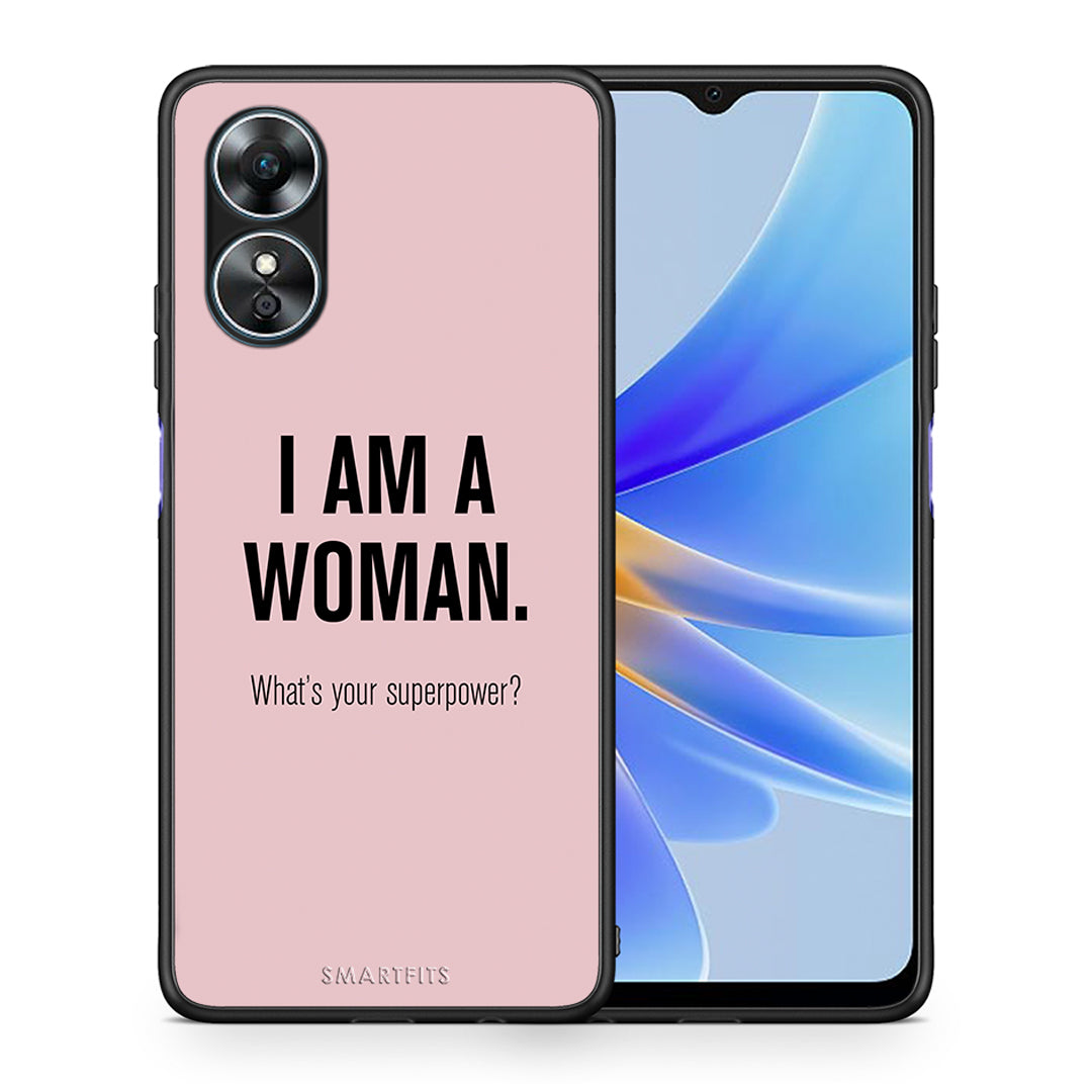 Θήκη Oppo A17 Superpower Woman από τη Smartfits με σχέδιο στο πίσω μέρος και μαύρο περίβλημα | Oppo A17 Superpower Woman Case with Colorful Back and Black Bezels