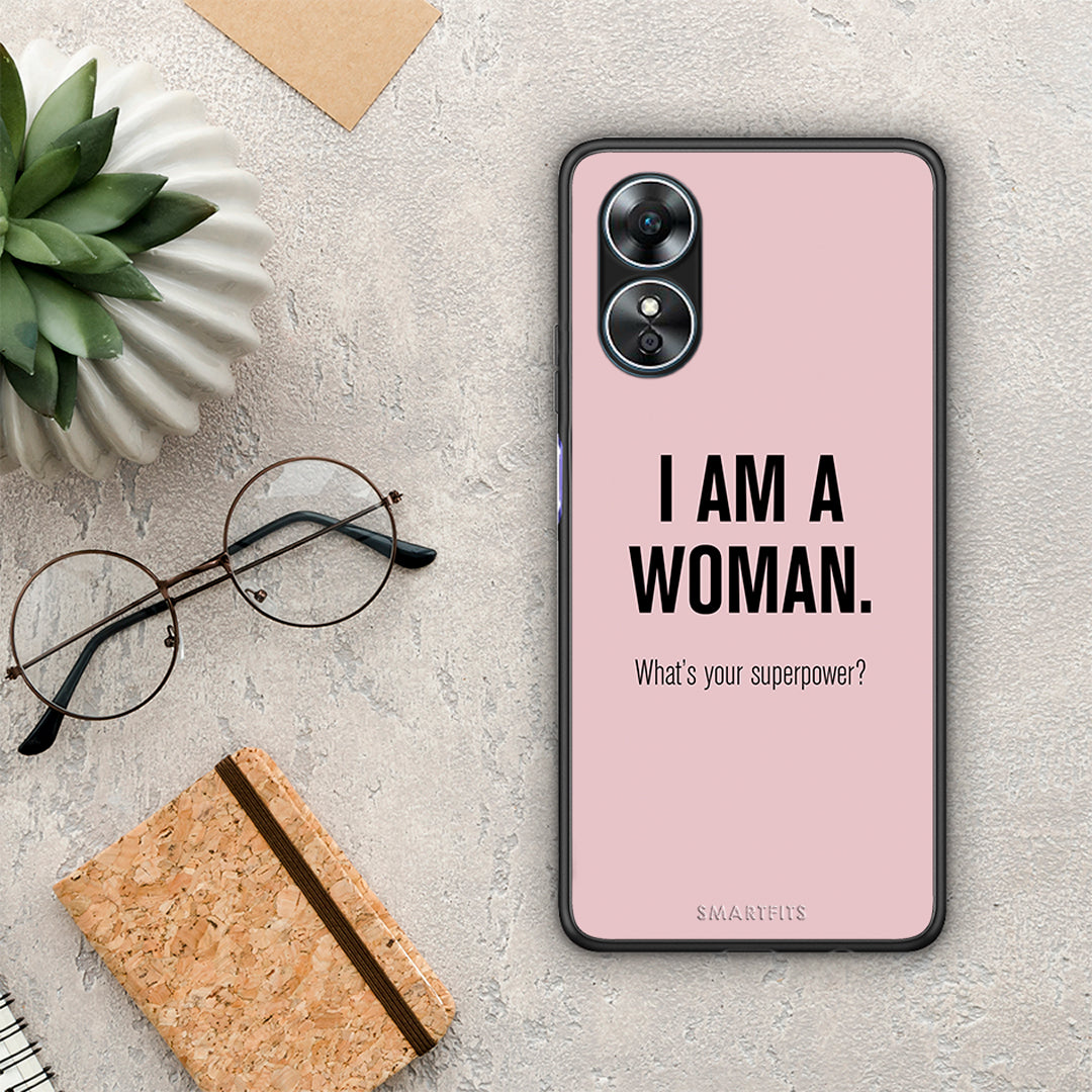 Θήκη Oppo A17 Superpower Woman από τη Smartfits με σχέδιο στο πίσω μέρος και μαύρο περίβλημα | Oppo A17 Superpower Woman Case with Colorful Back and Black Bezels