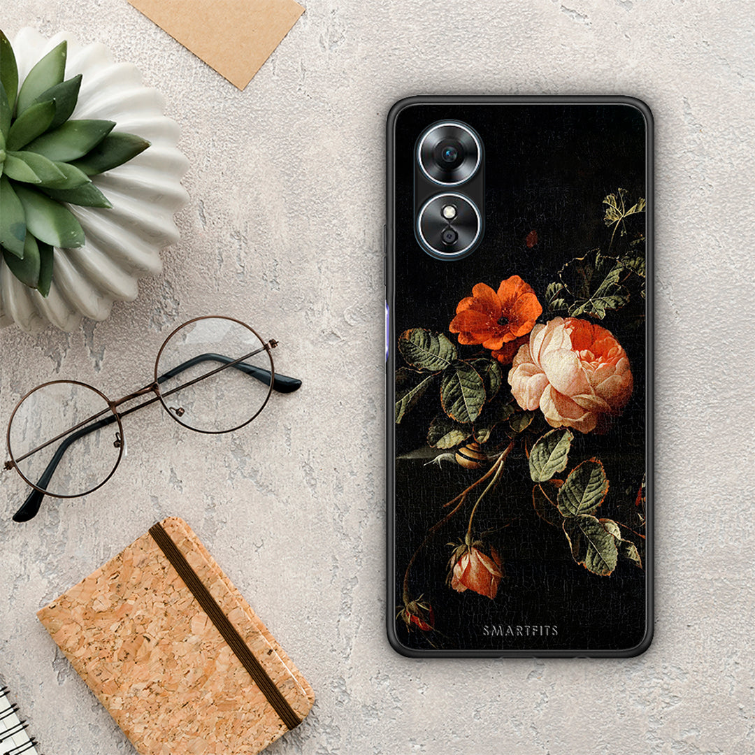 Θήκη Oppo A17 Vintage Roses από τη Smartfits με σχέδιο στο πίσω μέρος και μαύρο περίβλημα | Oppo A17 Vintage Roses Case with Colorful Back and Black Bezels