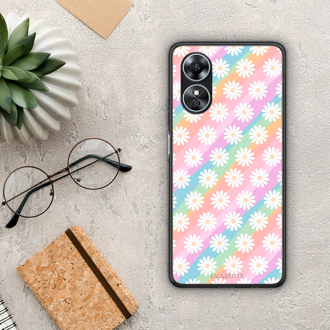 Θήκη Oppo A17 White Daisies από τη Smartfits με σχέδιο στο πίσω μέρος και μαύρο περίβλημα | Oppo A17 White Daisies Case with Colorful Back and Black Bezels