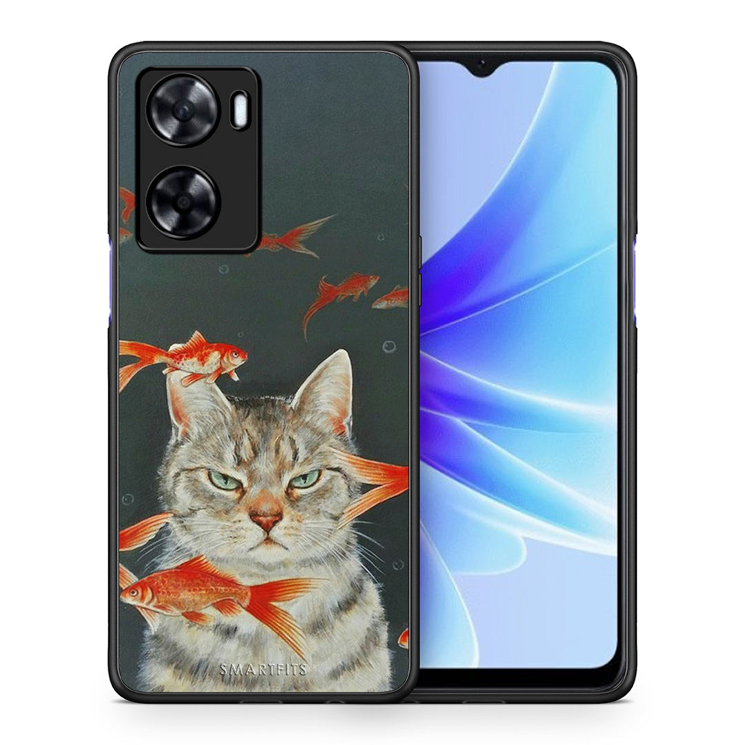 Θήκη Oppo A57s / A77s / A58 / OnePlus Nord N20 SE Cat Goldfish από τη Smartfits με σχέδιο στο πίσω μέρος και μαύρο περίβλημα | Oppo A57s / A77s / A58 / OnePlus Nord N20 SE Cat Goldfish case with colorful back and black bezels