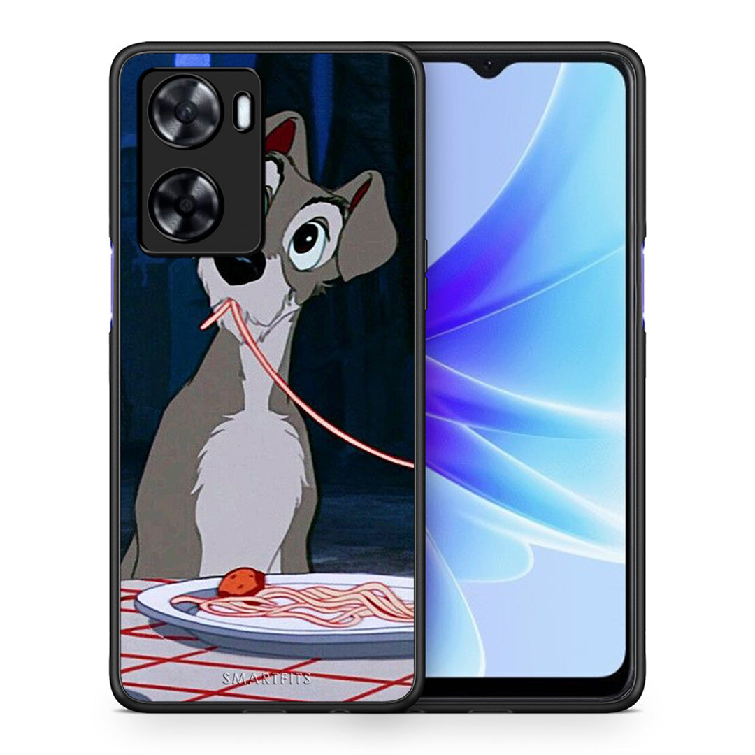 Θήκη Αγίου Βαλεντίνου Oppo A57s / A77s / A58 / OnePlus Nord N20 SE Lady And Tramp 1 από τη Smartfits με σχέδιο στο πίσω μέρος και μαύρο περίβλημα | Oppo A57s / A77s / A58 / OnePlus Nord N20 SE Lady And Tramp 1 case with colorful back and black bezels