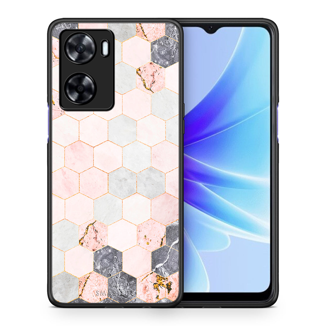 Θήκη Oppo A57s / A77s / A77 Hexagon Pink Marble από τη Smartfits με σχέδιο στο πίσω μέρος και μαύρο περίβλημα | Oppo A57s / A77s / A77 Hexagon Pink Marble case with colorful back and black bezels