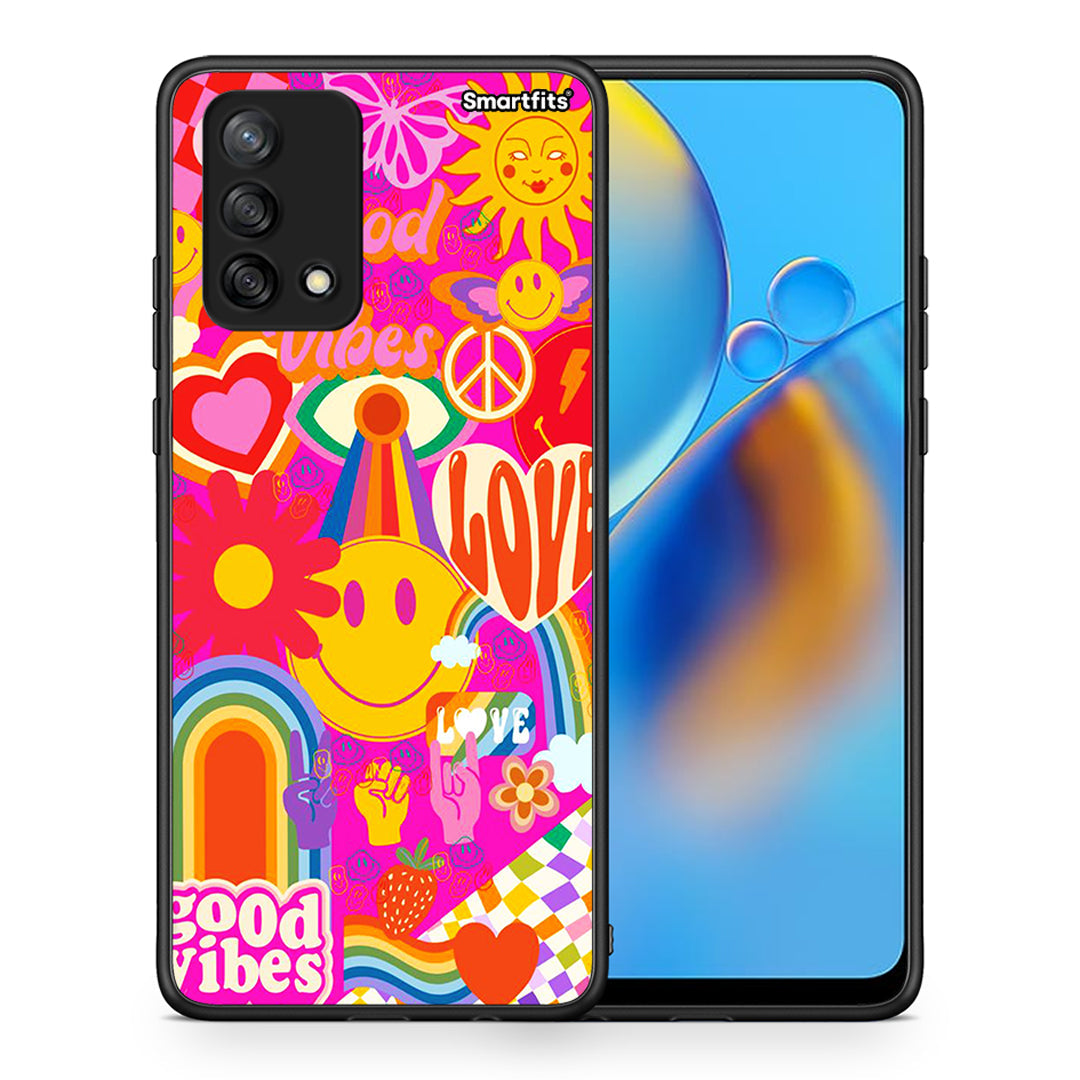 Θήκη Oppo A74 4G Hippie Love από τη Smartfits με σχέδιο στο πίσω μέρος και μαύρο περίβλημα | Oppo A74 4G Hippie Love case with colorful back and black bezels