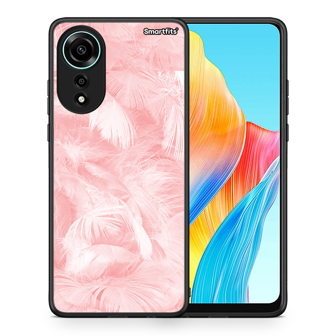 Θήκη Oppo A78 4G Pink Feather Boho από τη Smartfits με σχέδιο στο πίσω μέρος και μαύρο περίβλημα | Oppo A78 4G Pink Feather Boho case with colorful back and black bezels