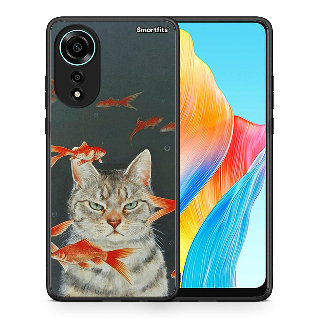 Θήκη Oppo A78 4G Cat Goldfish από τη Smartfits με σχέδιο στο πίσω μέρος και μαύρο περίβλημα | Oppo A78 4G Cat Goldfish case with colorful back and black bezels