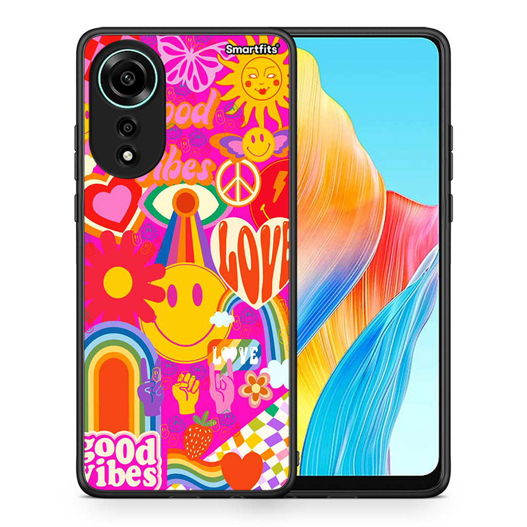 Θήκη Oppo A78 4G Hippie Love από τη Smartfits με σχέδιο στο πίσω μέρος και μαύρο περίβλημα | Oppo A78 4G Hippie Love case with colorful back and black bezels