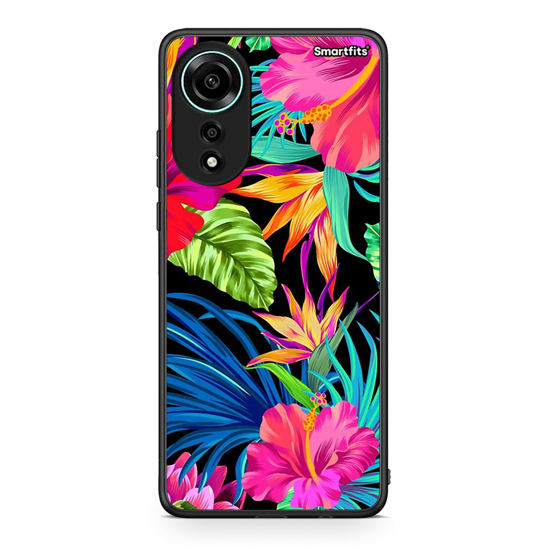 Oppo A78 4G Tropical Flowers θήκη από τη Smartfits με σχέδιο στο πίσω μέρος και μαύρο περίβλημα | Smartphone case with colorful back and black bezels by Smartfits