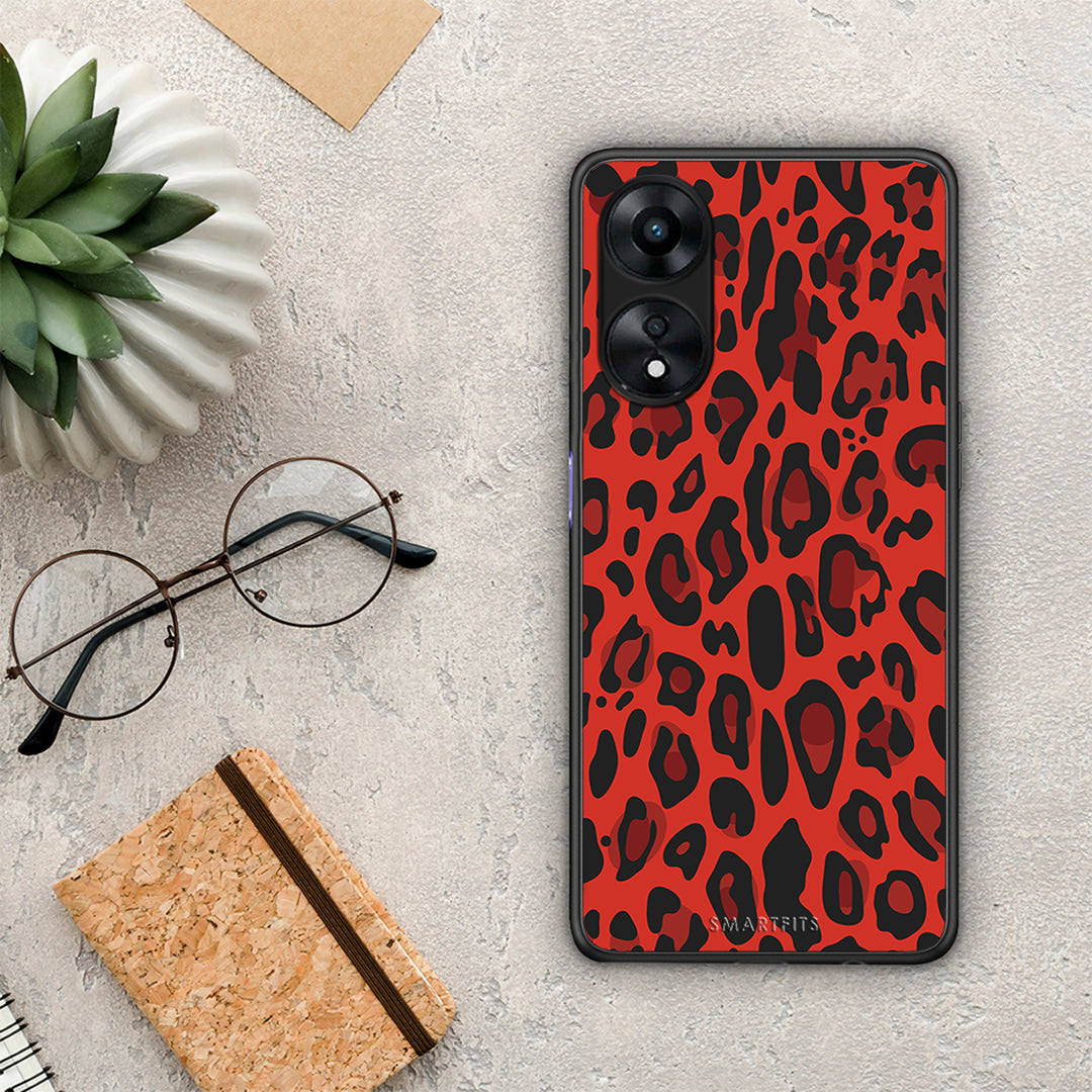 Θήκη Oppo A78 Animal Red Leopard από τη Smartfits με σχέδιο στο πίσω μέρος και μαύρο περίβλημα | Oppo A78 Animal Red Leopard Case with Colorful Back and Black Bezels