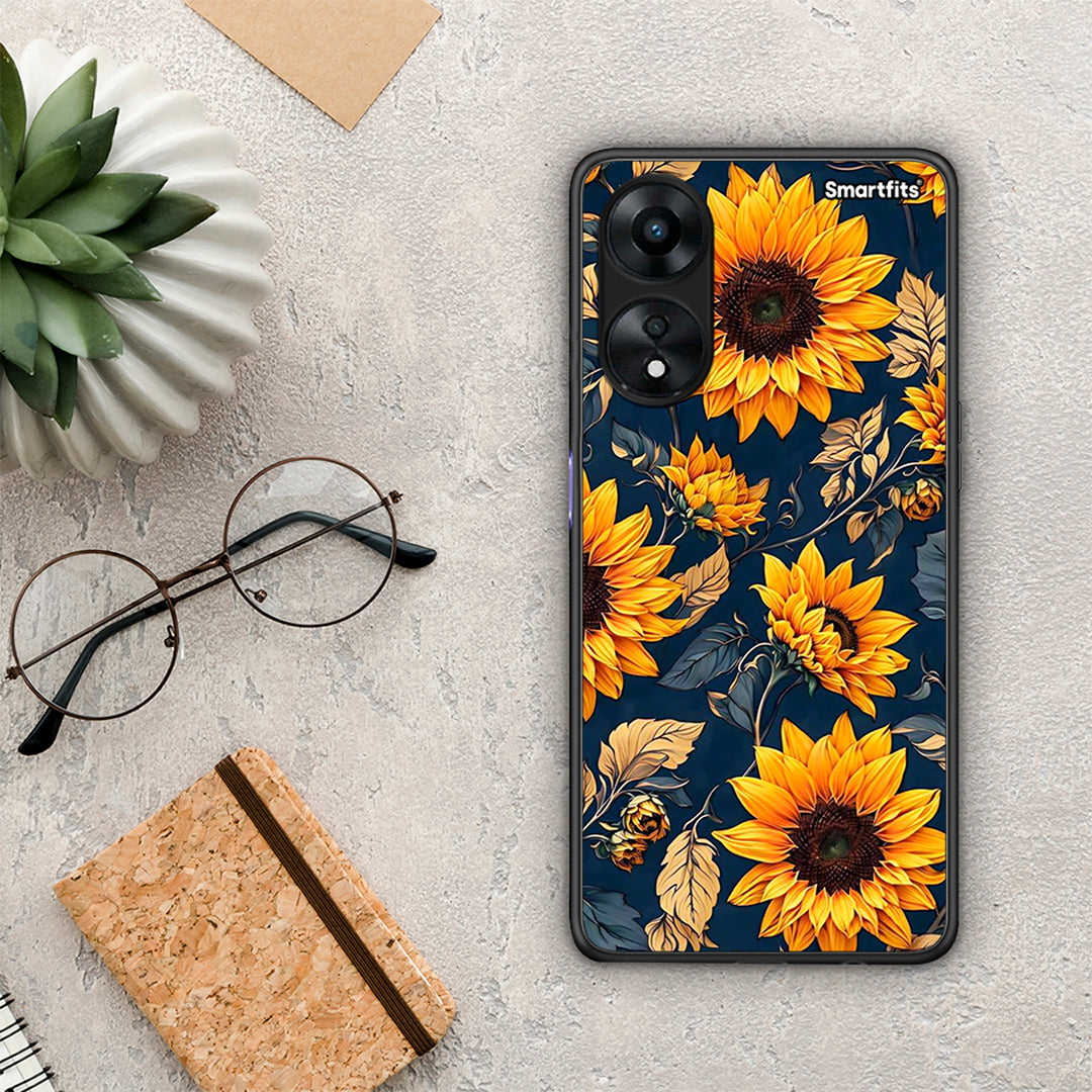 Θήκη Oppo A78 Autumn Sunflowers από τη Smartfits με σχέδιο στο πίσω μέρος και μαύρο περίβλημα | Oppo A78 Autumn Sunflowers Case with Colorful Back and Black Bezels