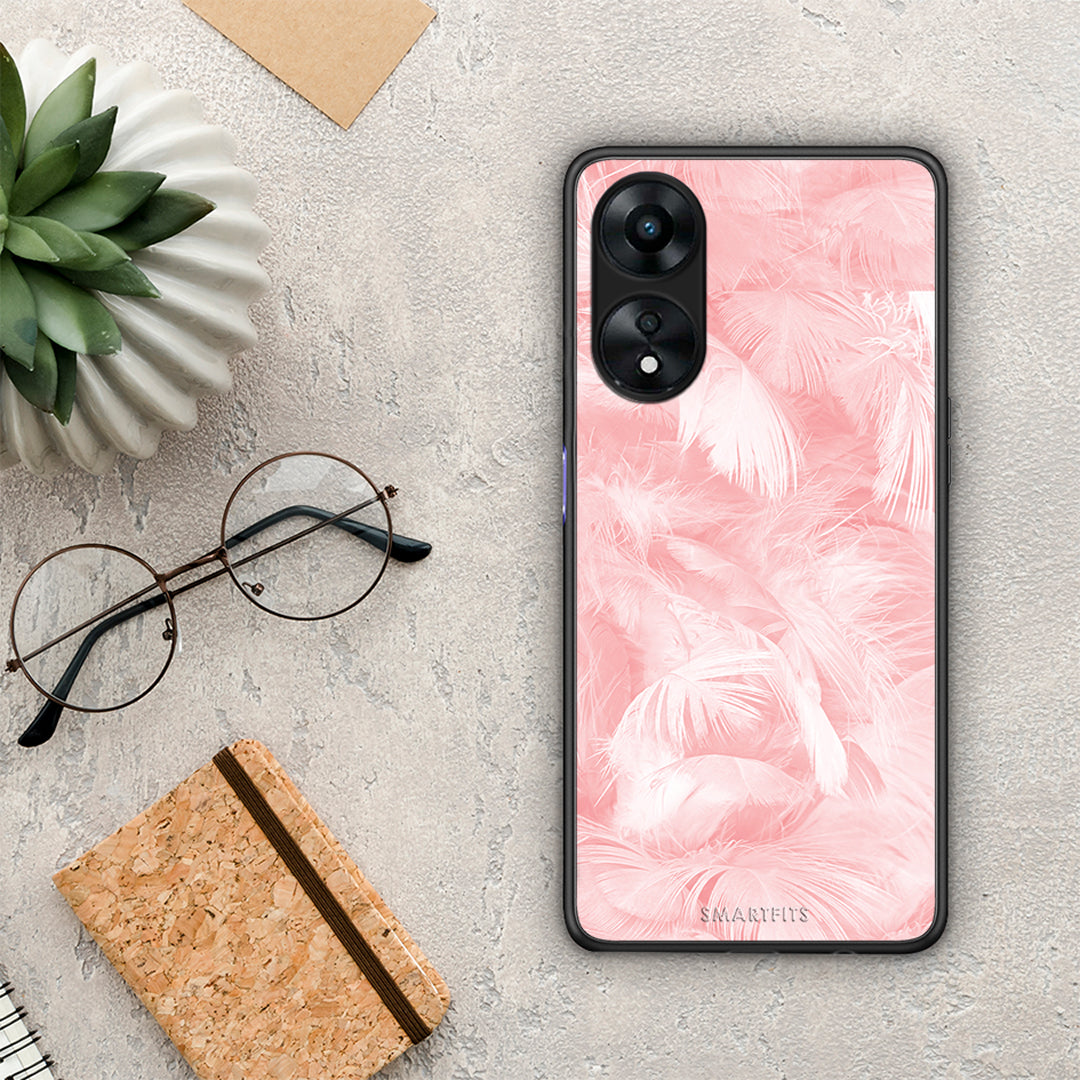 Θήκη Oppo A78 Boho Pink Feather από τη Smartfits με σχέδιο στο πίσω μέρος και μαύρο περίβλημα | Oppo A78 Boho Pink Feather Case with Colorful Back and Black Bezels