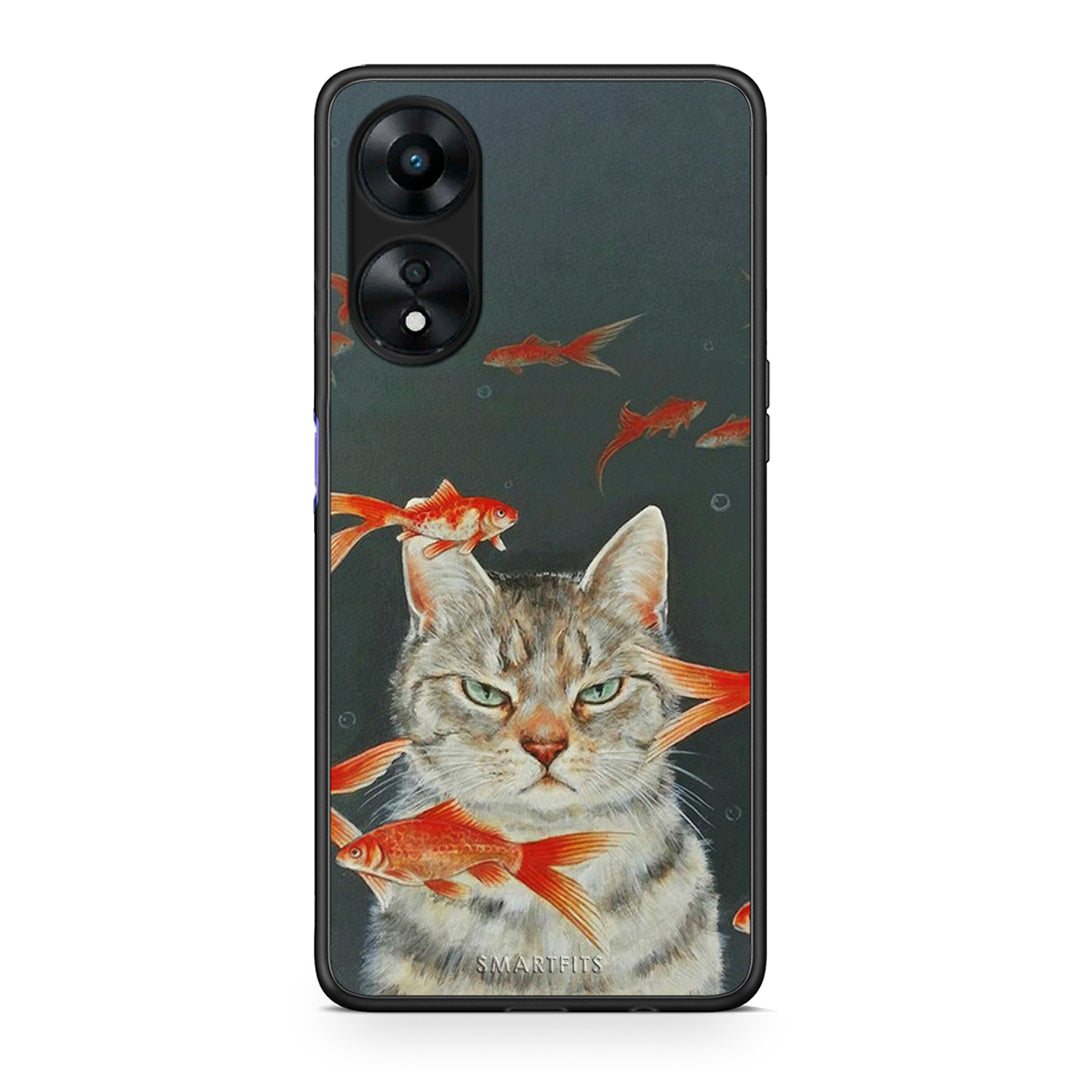 Θήκη Oppo A78 Cat Goldfish από τη Smartfits με σχέδιο στο πίσω μέρος και μαύρο περίβλημα | Oppo A78 Cat Goldfish Case with Colorful Back and Black Bezels