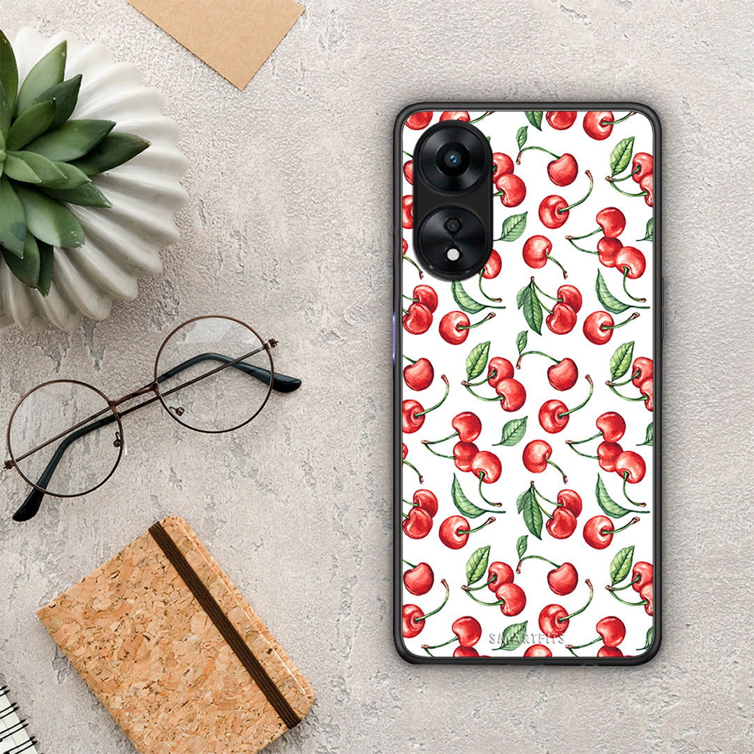 Θήκη Oppo A78 Cherry Summer από τη Smartfits με σχέδιο στο πίσω μέρος και μαύρο περίβλημα | Oppo A78 Cherry Summer Case with Colorful Back and Black Bezels