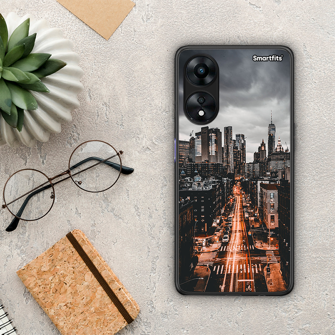 Θήκη Oppo A78 City Lights από τη Smartfits με σχέδιο στο πίσω μέρος και μαύρο περίβλημα | Oppo A78 City Lights Case with Colorful Back and Black Bezels