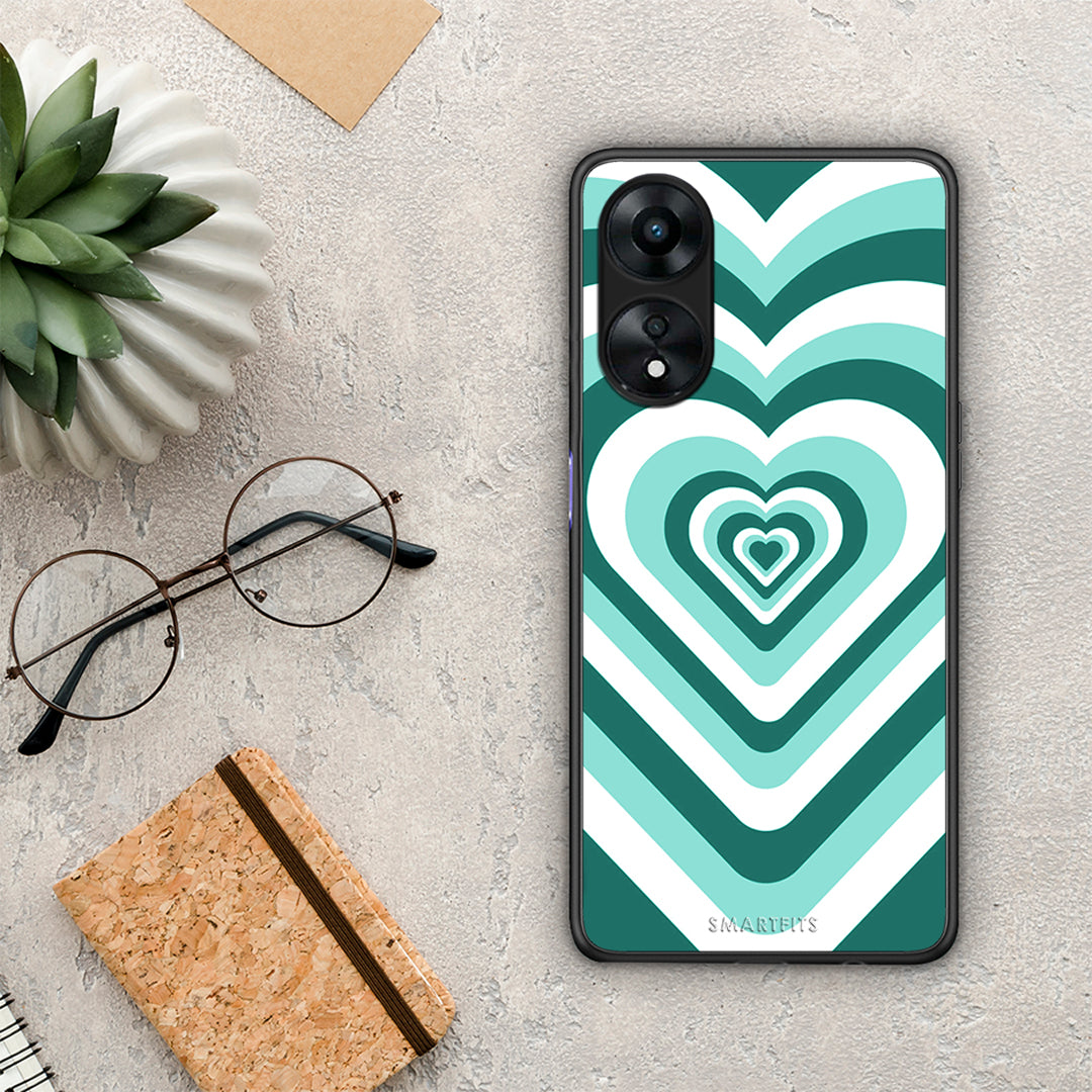 Θήκη Oppo A78 Green Hearts από τη Smartfits με σχέδιο στο πίσω μέρος και μαύρο περίβλημα | Oppo A78 Green Hearts Case with Colorful Back and Black Bezels