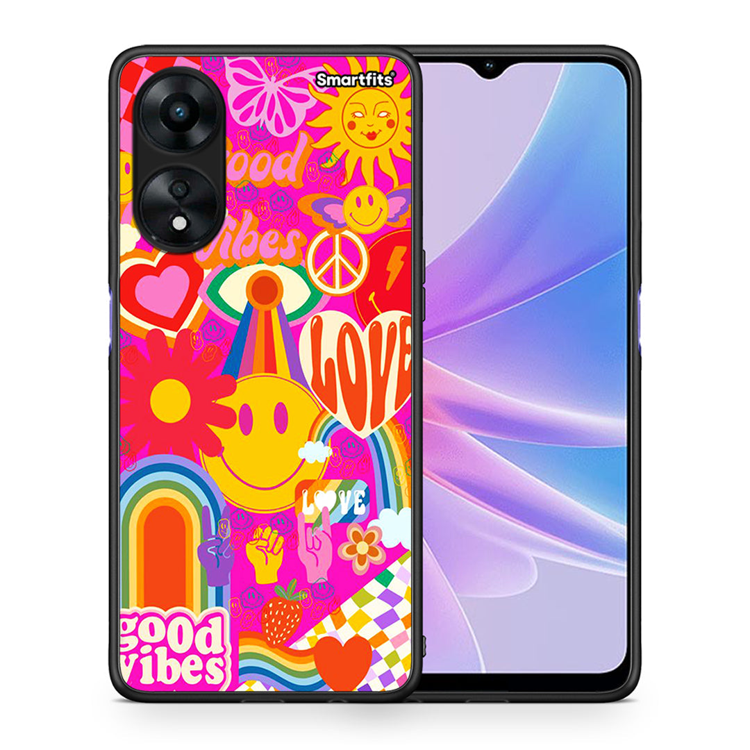 Θήκη Oppo A78 Hippie Love από τη Smartfits με σχέδιο στο πίσω μέρος και μαύρο περίβλημα | Oppo A78 Hippie Love Case with Colorful Back and Black Bezels