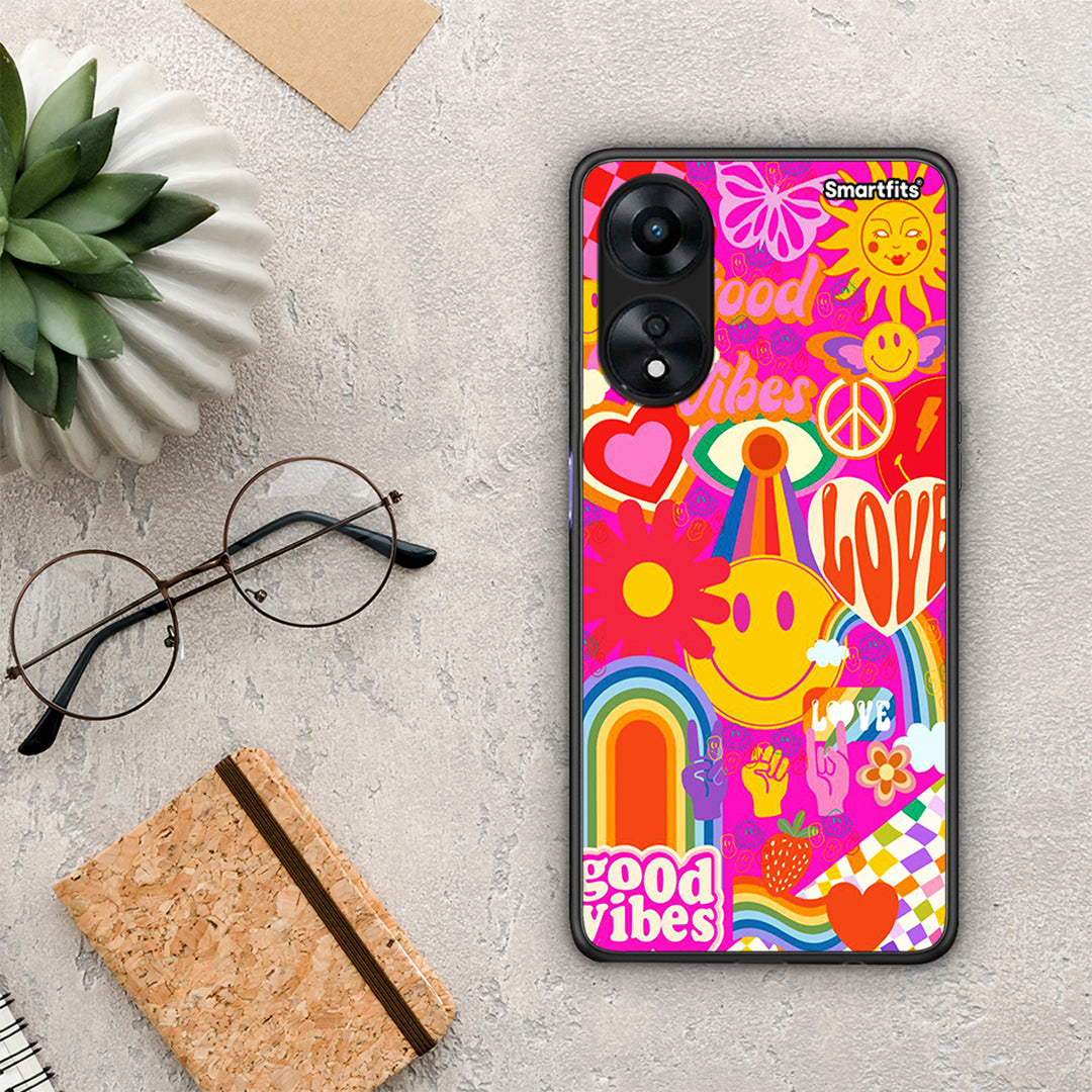 Θήκη Oppo A78 Hippie Love από τη Smartfits με σχέδιο στο πίσω μέρος και μαύρο περίβλημα | Oppo A78 Hippie Love Case with Colorful Back and Black Bezels