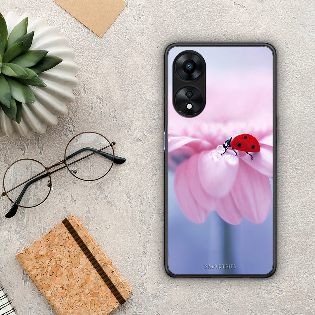 Θήκη Oppo A78 Ladybug Flower από τη Smartfits με σχέδιο στο πίσω μέρος και μαύρο περίβλημα | Oppo A78 Ladybug Flower Case with Colorful Back and Black Bezels