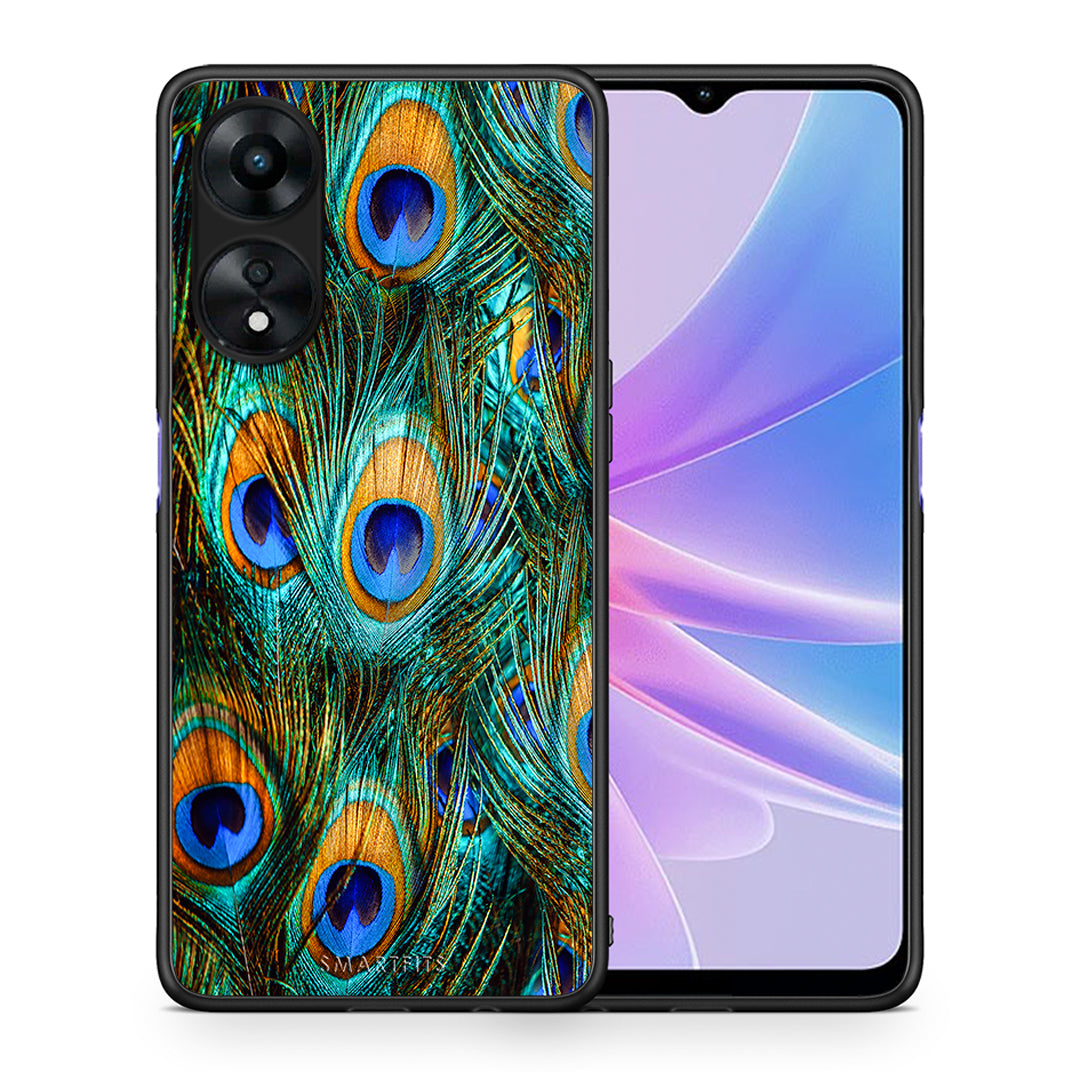 Θήκη Oppo A78 Real Peacock Feathers από τη Smartfits με σχέδιο στο πίσω μέρος και μαύρο περίβλημα | Oppo A78 Real Peacock Feathers Case with Colorful Back and Black Bezels