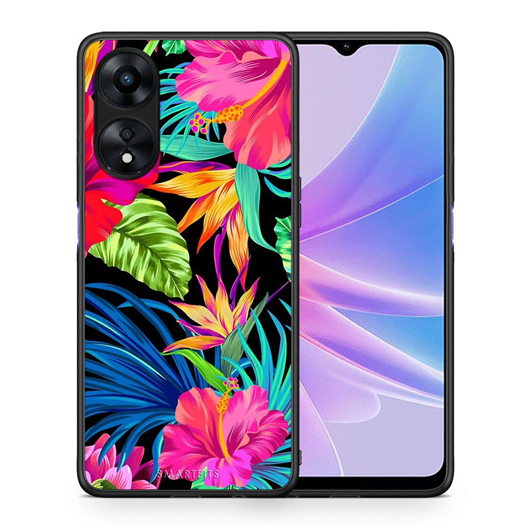 Θήκη Oppo A78 Tropical Flowers από τη Smartfits με σχέδιο στο πίσω μέρος και μαύρο περίβλημα | Oppo A78 Tropical Flowers Case with Colorful Back and Black Bezels