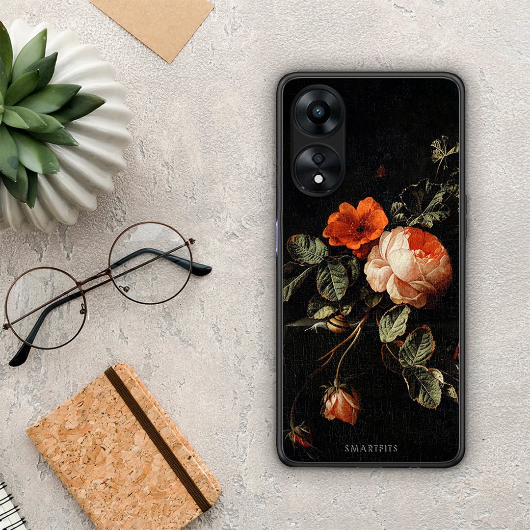 Θήκη Oppo A78 Vintage Roses από τη Smartfits με σχέδιο στο πίσω μέρος και μαύρο περίβλημα | Oppo A78 Vintage Roses Case with Colorful Back and Black Bezels