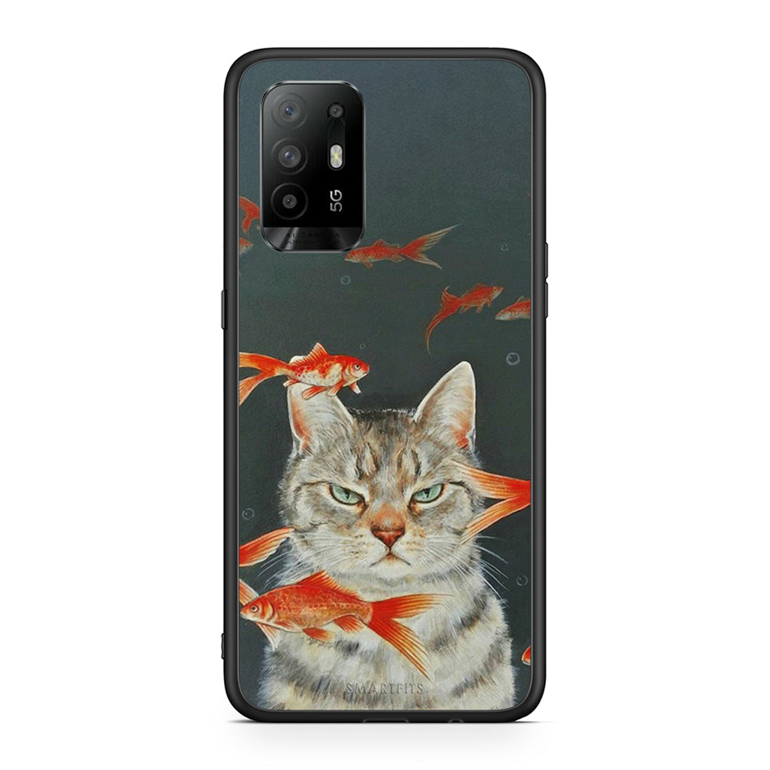 Oppo A94 5G Cat Goldfish θήκη από τη Smartfits με σχέδιο στο πίσω μέρος και μαύρο περίβλημα | Smartphone case with colorful back and black bezels by Smartfits