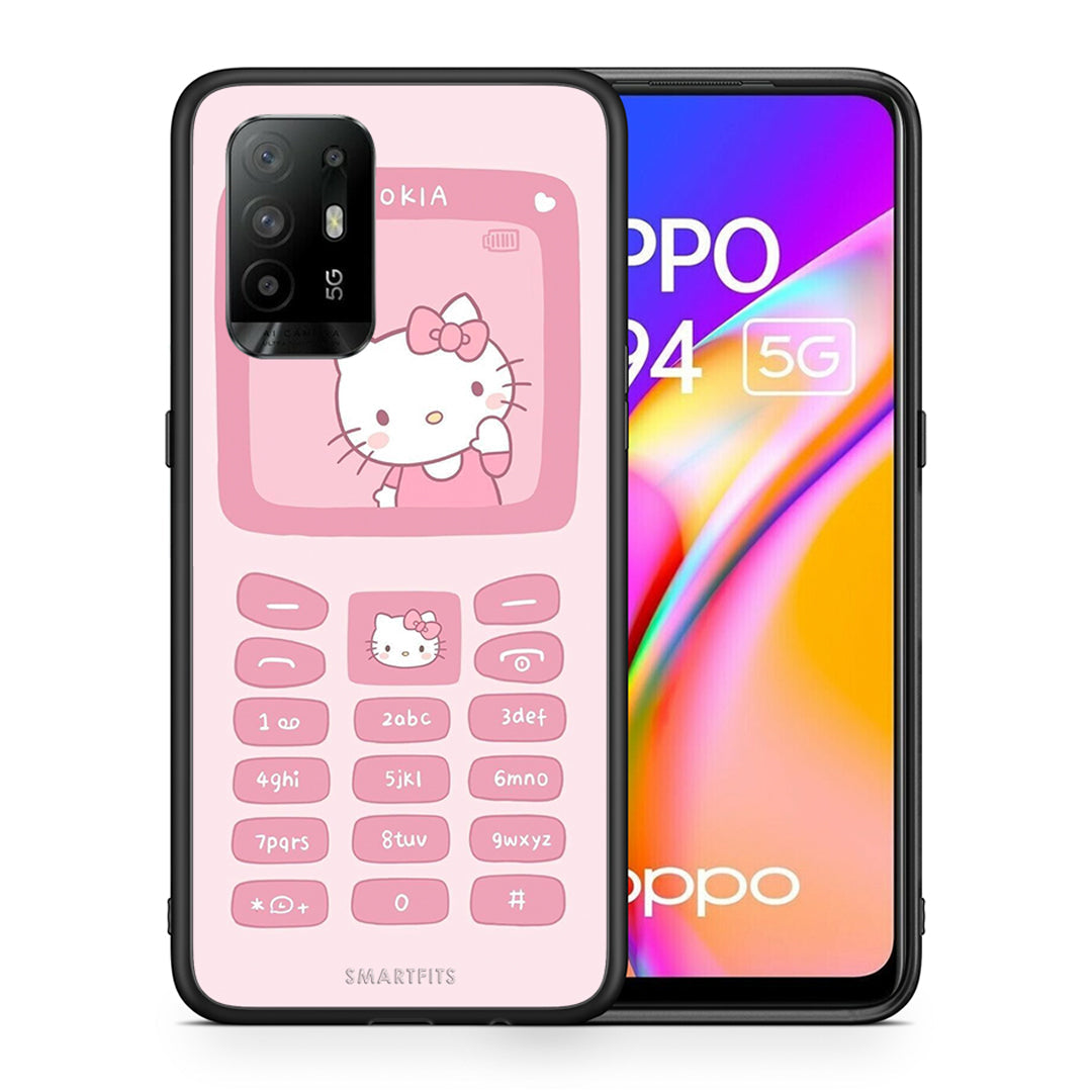 Θήκη Αγίου Βαλεντίνου Oppo A94 5G Hello Kitten από τη Smartfits με σχέδιο στο πίσω μέρος και μαύρο περίβλημα | Oppo A94 5G Hello Kitten case with colorful back and black bezels