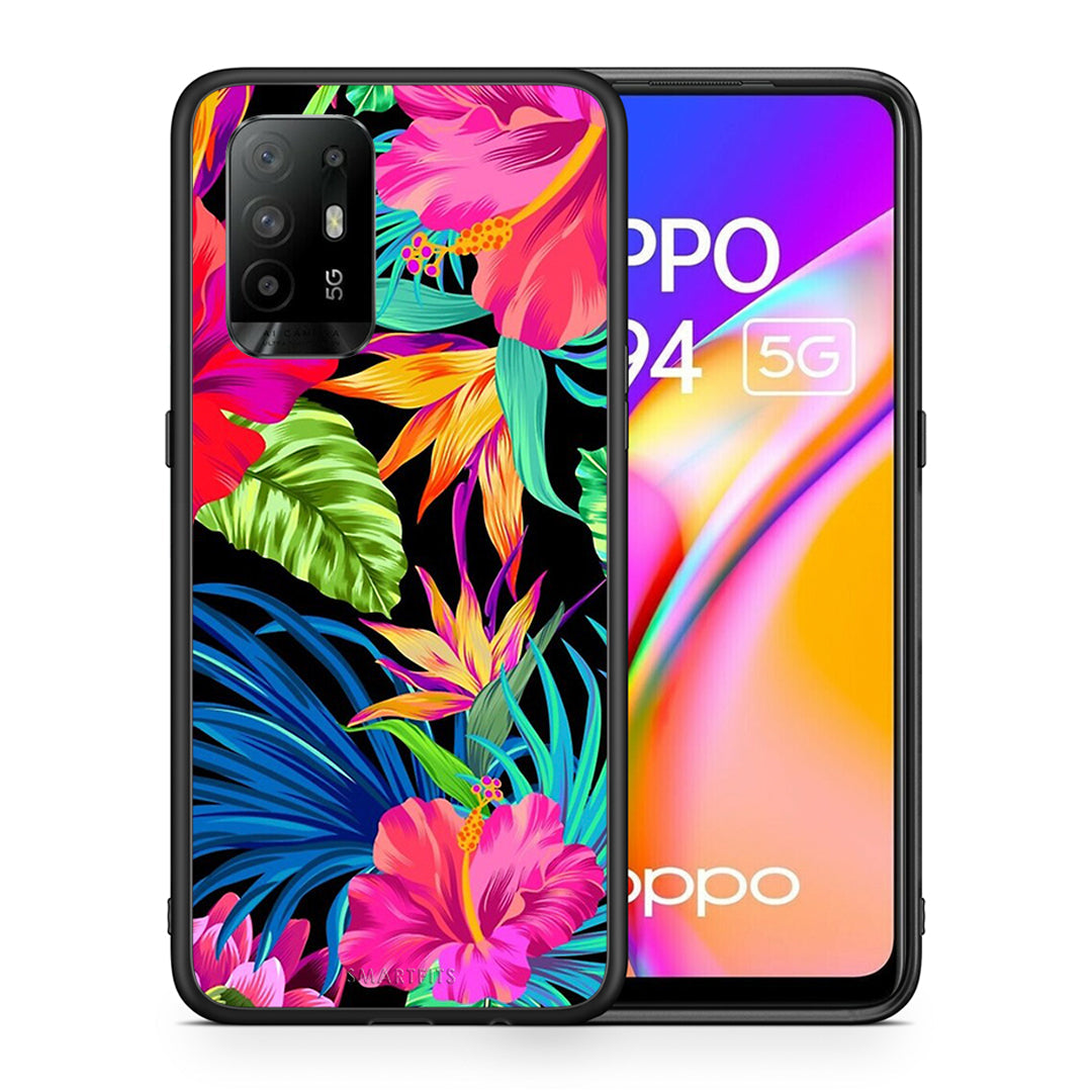 Θήκη Oppo A94 5G Tropical Flowers από τη Smartfits με σχέδιο στο πίσω μέρος και μαύρο περίβλημα | Oppo A94 5G Tropical Flowers case with colorful back and black bezels