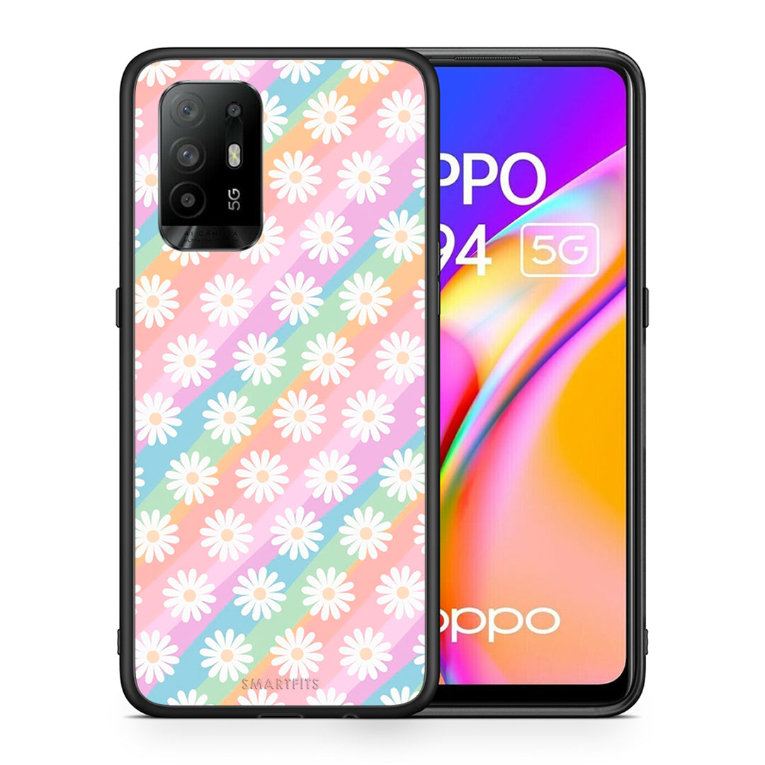 Θήκη Oppo A94 5G White Daisies από τη Smartfits με σχέδιο στο πίσω μέρος και μαύρο περίβλημα | Oppo A94 5G White Daisies case with colorful back and black bezels