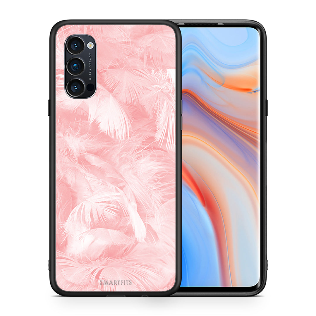 Θήκη Oppo Reno4 Pro 5G Pink Feather Boho από τη Smartfits με σχέδιο στο πίσω μέρος και μαύρο περίβλημα | Oppo Reno4 Pro 5G Pink Feather Boho case with colorful back and black bezels