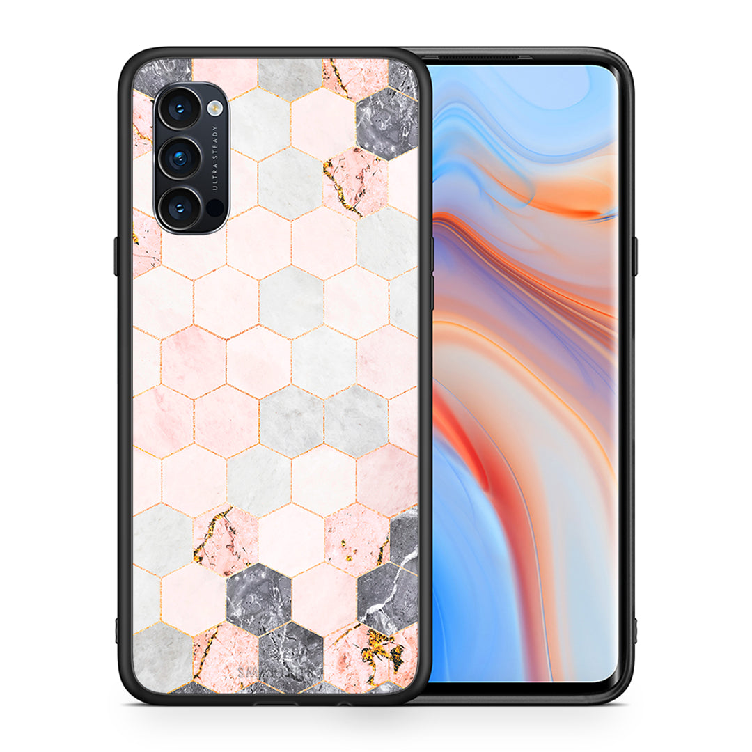 Θήκη Oppo Reno4 Pro 5G Hexagon Pink Marble από τη Smartfits με σχέδιο στο πίσω μέρος και μαύρο περίβλημα | Oppo Reno4 Pro 5G Hexagon Pink Marble case with colorful back and black bezels