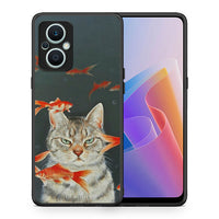 Thumbnail for Θήκη Oppo Reno7 Lite Cat Goldfish από τη Smartfits με σχέδιο στο πίσω μέρος και μαύρο περίβλημα | Oppo Reno7 Lite Cat Goldfish Case with Colorful Back and Black Bezels