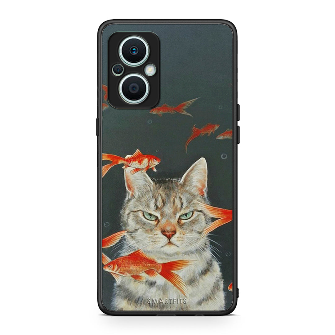 Θήκη Oppo Reno7 Lite Cat Goldfish από τη Smartfits με σχέδιο στο πίσω μέρος και μαύρο περίβλημα | Oppo Reno7 Lite Cat Goldfish Case with Colorful Back and Black Bezels