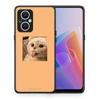 Thumbnail for Θήκη Oppo Reno7 Lite Cat Tongue από τη Smartfits με σχέδιο στο πίσω μέρος και μαύρο περίβλημα | Oppo Reno7 Lite Cat Tongue Case with Colorful Back and Black Bezels